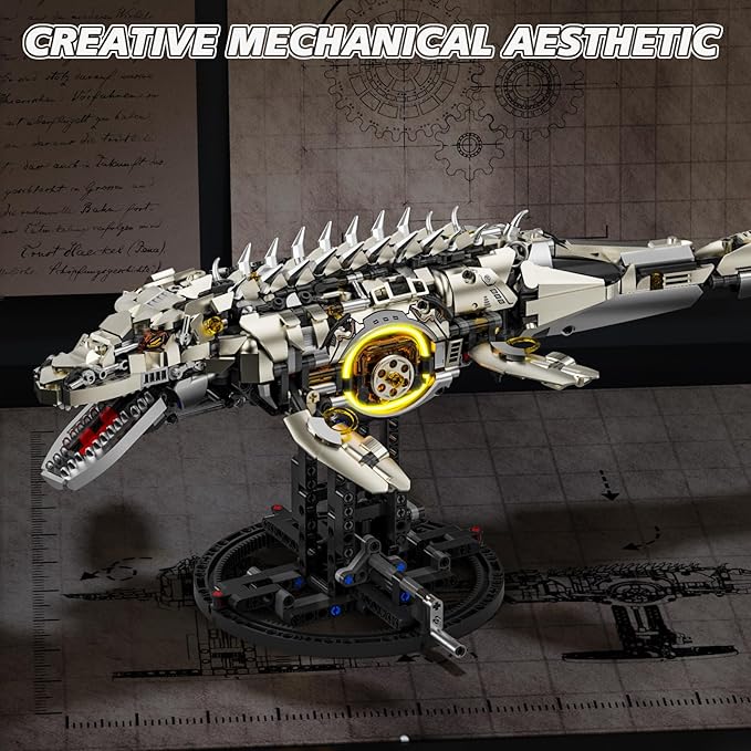 1413-PCS Mechanical Mosasaurus Building Blocks Set with LED Light Movable Linkage Gears Display Stand - Ocean Building Blocks for Adults Teens Kids