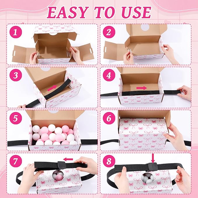 Yaomiao 4 Pack Bachelorette Party Shaking Swing Balls Indoor Party Game Set Includes 4 Set Strap Shake Box and 80 Balls for Birthday Bachelorette Bridal Shower Table Tennis (Pink BowPink White)