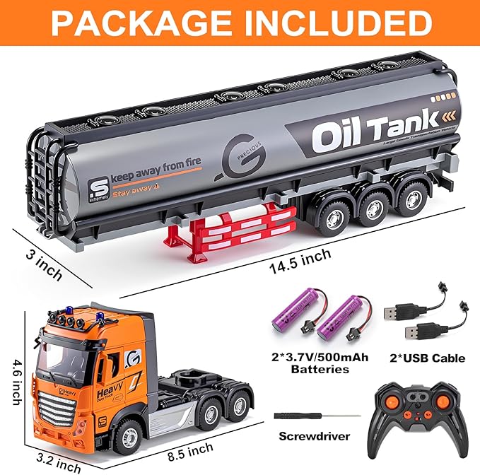 9 Channel RC Semi Truck with Trailer Metal Cab 2.4Ghz Remote Control Oil Tanker Truck with Lights and Sounds Birthday Gift for Kids Boys 14.6