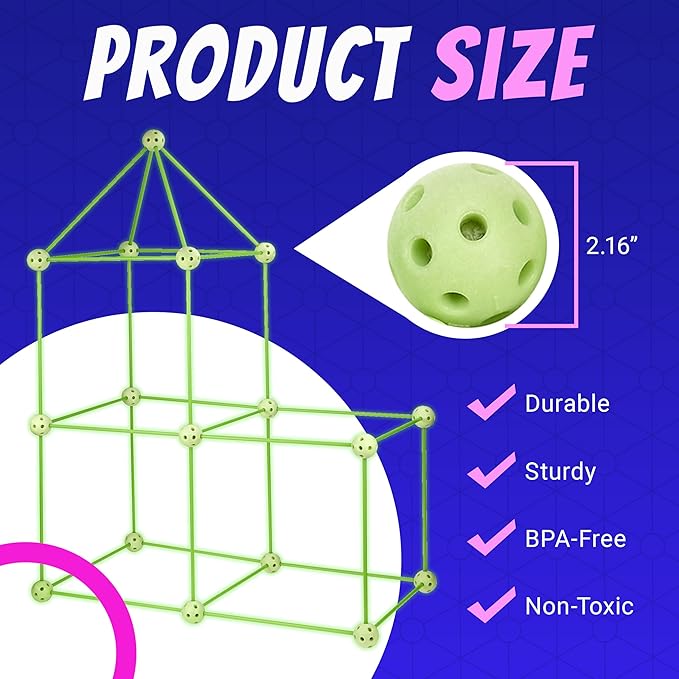 Playbees Glow in The Dark Fort Building Kit – 130 PCS STEM Toy for Kids Ages 4–12 – Build Tents Castles &amp Rockets – Creative Building Set &amp Great Gift
