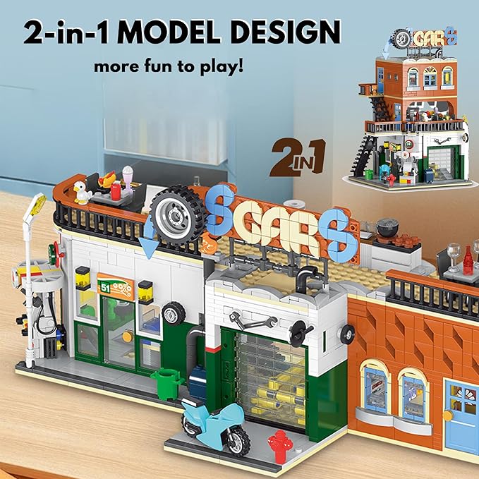 2 in 1 Automotive Car Repair Shop Building Block Toy Set City House Model Kit with LED Light Bricks for Adults and Childrens Gift (1637 pcs)