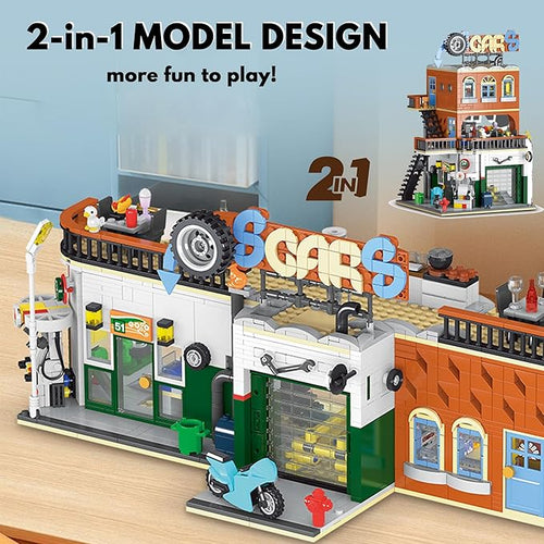 2 in 1 Automotive Car Repair Shop Building Block Toy Set City House Model Kit with LED Light Bricks for Adults and Childrens Gift (1637 pcs)