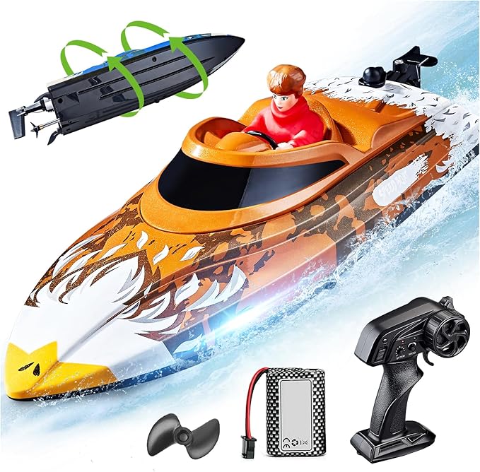 BEZGAR RC Boat 12 inch Self-Righting Remote Control Boat for Kids and Adults 25 KPH Fast RC Speed Boats with 700mAh Battery Ideal Waterproof Toy for Lakes &amp Pools - HJ822 Brown