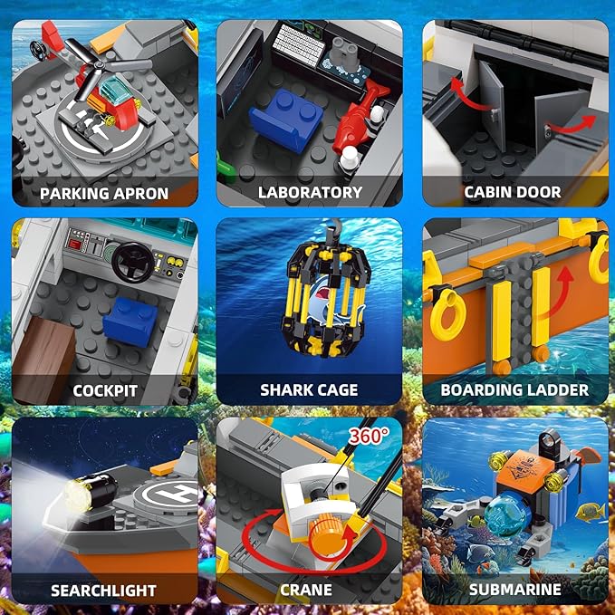 City Ocean Explorer Ship Building Set Fun Toy Exploration Boat Building Block Kit with LED Lights Helicopter Submarine Birthday for Boys Girls Kids 6 8 10+