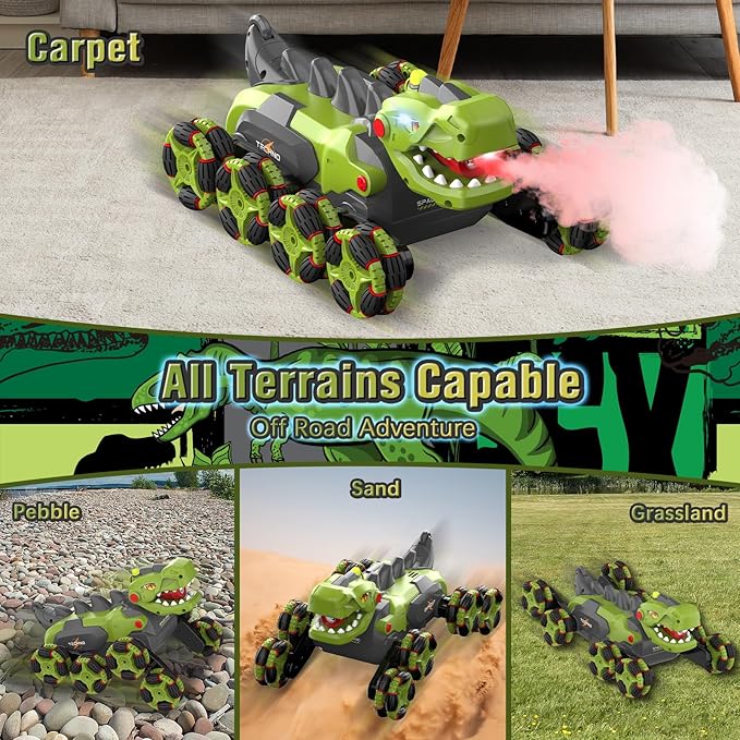 8 Wheels Dinosaur Transform RC Stunt Car - 2.4Ghz Remote Control Dinosaurs Monster Truck with Transforming &amp Spray &amp 360° Rotation Dinosaur Toys for Kids 5-7 8-12 Boy Christmas Birthday Gift