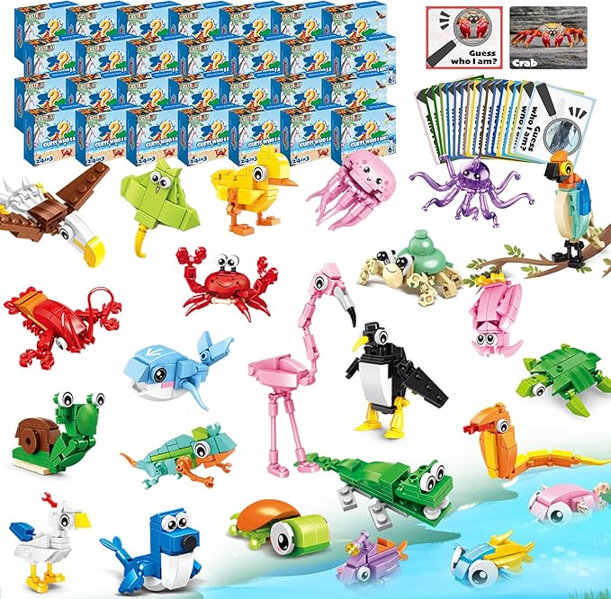 24 Packs Party Favors for Kids – 779 PCS 6-in-1 &amp 12-in-1 Animal Building Blocks Set with Animal Cards – Goodie Bag Fillers Classroom Prizes Birthday &amp Easter Gifts for Kids Ages 6-12
