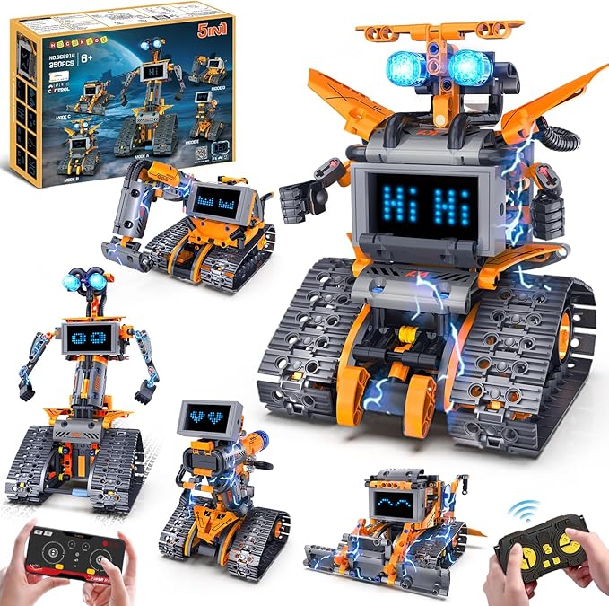 HOGOKIDS Robot Toys with LED Eyes &amp 18 Expression Building Sets 5-in-1 App &amp Remote Control Rechargeable Robotics Kit for Kids RC Programmable Projects Educational Gift for Boys Girls 8-14 Y