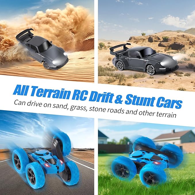 2 Pack RC Drift &amp Stunt Cars1:24 Scale Remote Control Car 4WD High Speed RC Drift &amp Stunt Car with LED Lights 360° Flips 2.4GHz 20KM/H USB-C Batteries Gift for Adults Boys and Girls