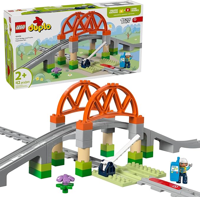 LEGO DUPLO Town Train Bridge and Tracks Expansion Set - 10 Extra Pieces of Train Tracks - Preschool and Toddler Train Set Ages 2+ - Building Toy for Boys and Girls - 10426