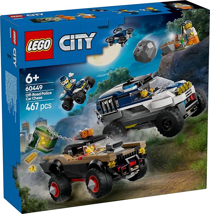 Lego tbd-60449 New title: LEGO City Off-Road Police Chase Action Set – Police SUV Crook Pickup Quad Bike &amp Drone | Kids Construction Toy - 60449