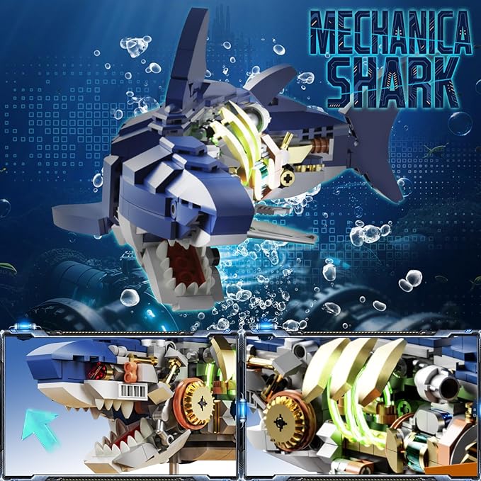 Mechanical Shark Building Block Set with Light Compatible with Lego Shark 687PCS Movable Ocean Sea Animals with Display Stand STEM Fish Toys for Home Office Decor for Adults Boys