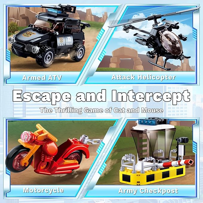 City Police Chase Building Set SWAT Police Building Kit with 4 Minifigures &amp Helicopter &amp Police Truck &amp Motorcycle Compatible with Lego City Police Station Gift for Boys Girls Aged 6+