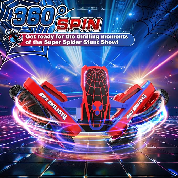 Spider Remote Control Car for Kids - 2.4Ghz Fast RC Stunt Cars 360° Rotating 4WD RC Crawler with Lights Rechargeable Car Toy for Boys Ages 6 7 8 9 10 Birthday Black&ampRed