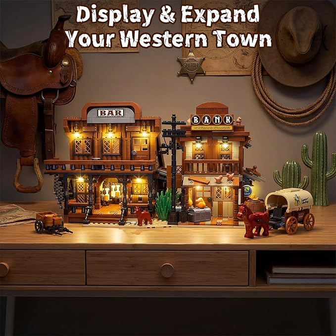 Western Bar Modular Building Set for Adults Wild West Cowboys Cabin with Horses &amp LED Lights Collection House Set for West Lovers (1834 PCS)