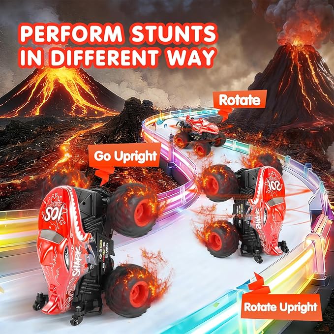 DYODYORC Remote Control Car 2.4Ghz All Terrain Shark Monster Truck Toys RC Truck with Music 3 Lighting Effects 360 Stunt Capable 2 Batteries Ready to Run Toy Gifts for Boys and Girls (Red)