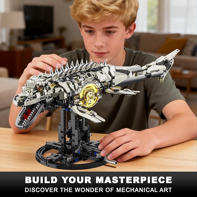 Mechanical Mosasaurus Building Set for Adults Dinosaur Building Block Set Compatible with Lego 1413PCS Ocean Animal Collection Toy with Display Stand and Light Home Office Decor Idea Gift