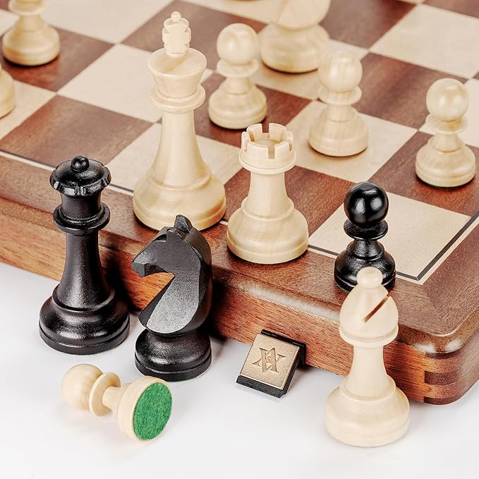 A&ampA Premium Folding Chess Set 19 Wooden Board &amp 3.75 King Height Staunton Pieces with 2 Extra Queens Portable Travel Game Set (Natural Mahogany 19 Inches)
