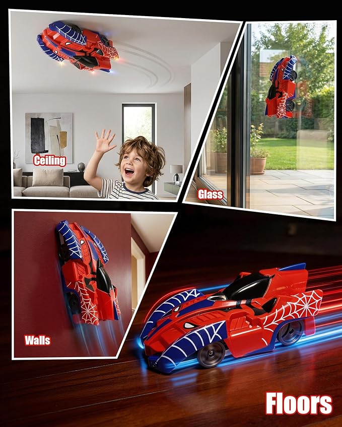 Spider Climbing Wall Cars - Rc Race Vehicle Electric Technology Toys for 3+ Years Kid 2.4 GHz Remote Control LED Light Rechargeable 360° Zero Gravity Rotating Indoor Car Birthday Gift