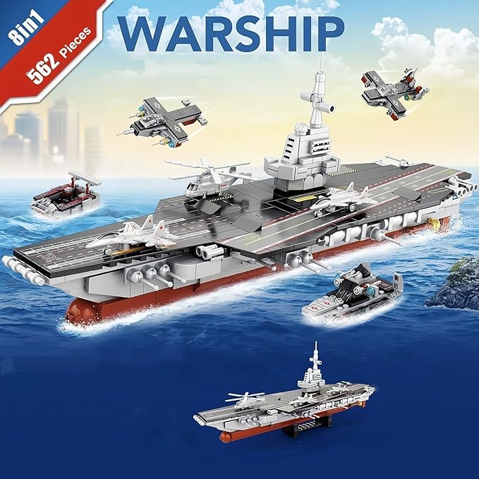 8 in 1 WW2 Aircraft Carrier Building Set Military Cruiser Ocean Battleship Toy with Helicopter &amp Boat (25 Warship Models) 562 Pieces Naval Gifts for Adults Man Teens 14+