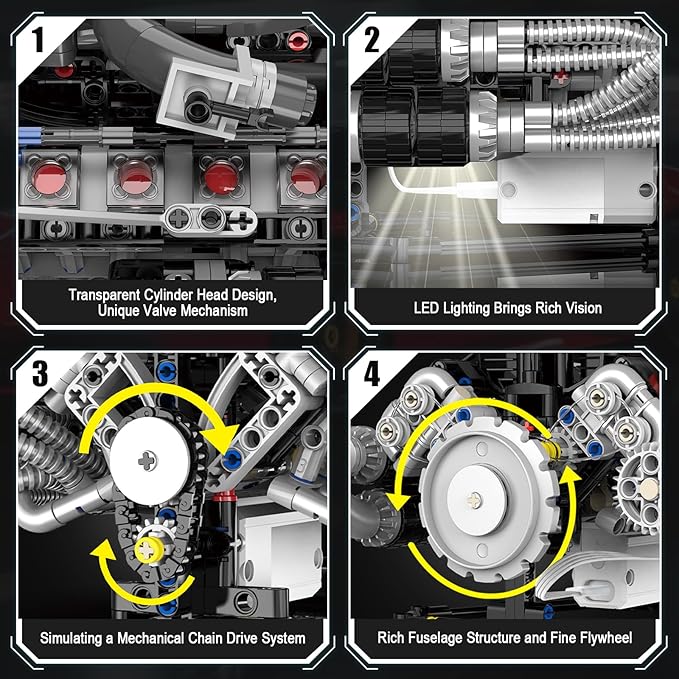 HIGH GODO V8 Engine Building Kit That Works Build Your Own MOC V8 Engine Model with App Control Visible Car Engine Model Kit with Motor and Lights Ideas Gifts for Teens Adults 14+(689 PCS)