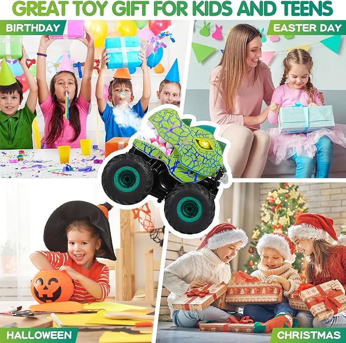 DYODYORC Remote Control Car 2.4Ghz All Terrain Dinosaur Monster Truck Toys RC Truck with Spay Music 3 Lighting Effects Stunt Capable Toy Gifts for Boys and Girls (Green)