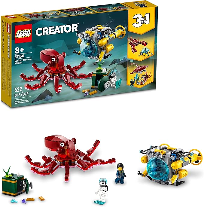 LEGO Creator 3 in 1 Sunken Treasure Mission Submarine Toy Underwater Creatures Transform from Octopus tp Lobster to Manta Ray Fun Sea Animal Figures 31130