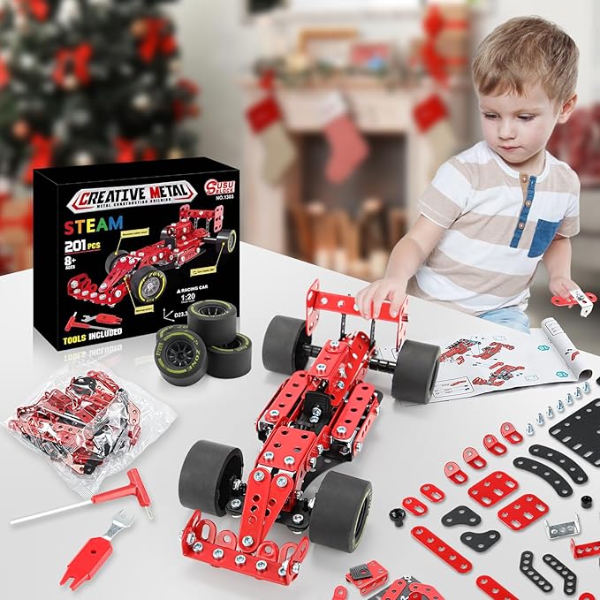 BESTYMXY Building Kit Car Model 1:20 Scale Race Car Metal Model STEM Project Building Assembly Toy Set STEM Projects Toys for Boys 8-12 Red Vehicle DIY Assembly Metal Model
