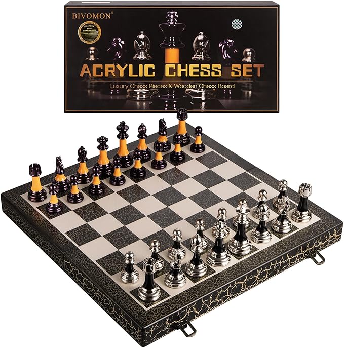 Chess Set 16 Wooden Foldable Black White Chess Board 3.5 Luxury Weighted Acrylic Chess Pieces with Storage Slots for Adults Children Gift Large