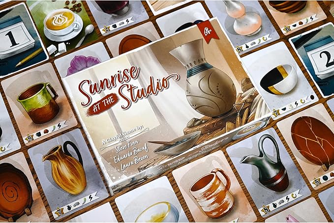 Pencil First Games: Sunrise at The Studio - Pottery Set Collection &amp Drafting Board Game Cozy Small Box Solo Mode Ages 14+ 1-4 Players 20 Min