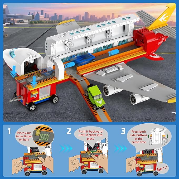HOGOKIDS 2 Style City Airplane Building Set with LED Light - Plane Building Blocks Switch Passenger Cargo Projectile Toy with 3 Cars Planes Model Toys Valentines Gifts for Kids Boys Girls Age 6-12+