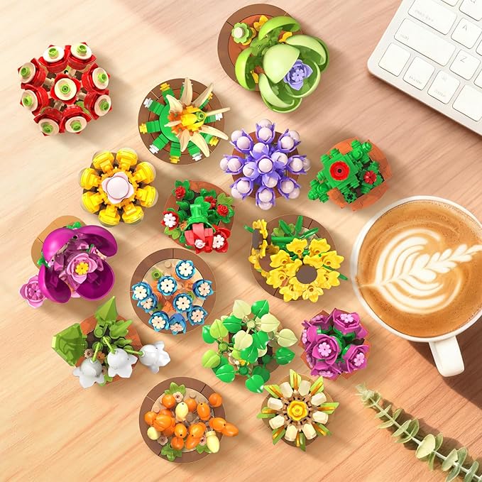 HOGOKIDS 15 Pack Flowers Succulents Mini Building Set for Adults Kids - 1314PCS Flower Plant Botanical Collection 3.6MM Bricks Toys Home Office Décor Easter Gifts for Women Boys Girls Age 6+