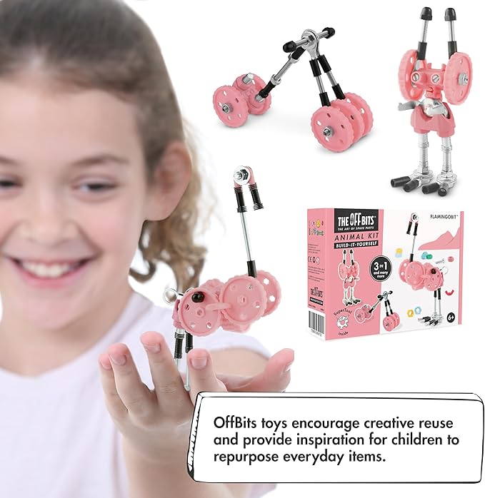 The Off Bits Erector Set: Animal Mini STEM Toys for Kids 6+ Toy Building Sets with Nuts &amp Bolts STEM Building Toys Gifts for Boys and Girls (Pink Flamingo)