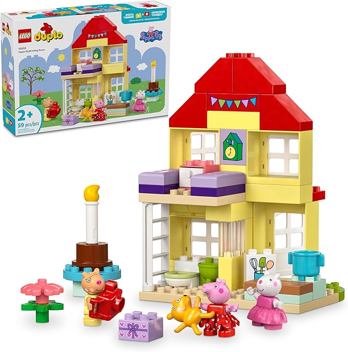 LEGO DUPLO Peppa Pig Birthday House Playset with 3 Animal Figures Educational Toy for 2 Year Olds Buildable Dollhouse for Creative Role Play Peppa Pig Toy for Girls Boys and Toddlers 10433