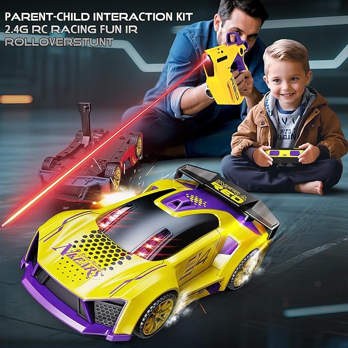 Remote Control Car with Shooting Game 3 IN 1 Parent-Child Drift RC Car 2.4G Stunt Toys with Infrared Gun Christmas Birthday Gifts for 3 4 5 6 7 8 9 10 Year Old Kids Boys Girls Age 4-7 8-12 (Yellow)