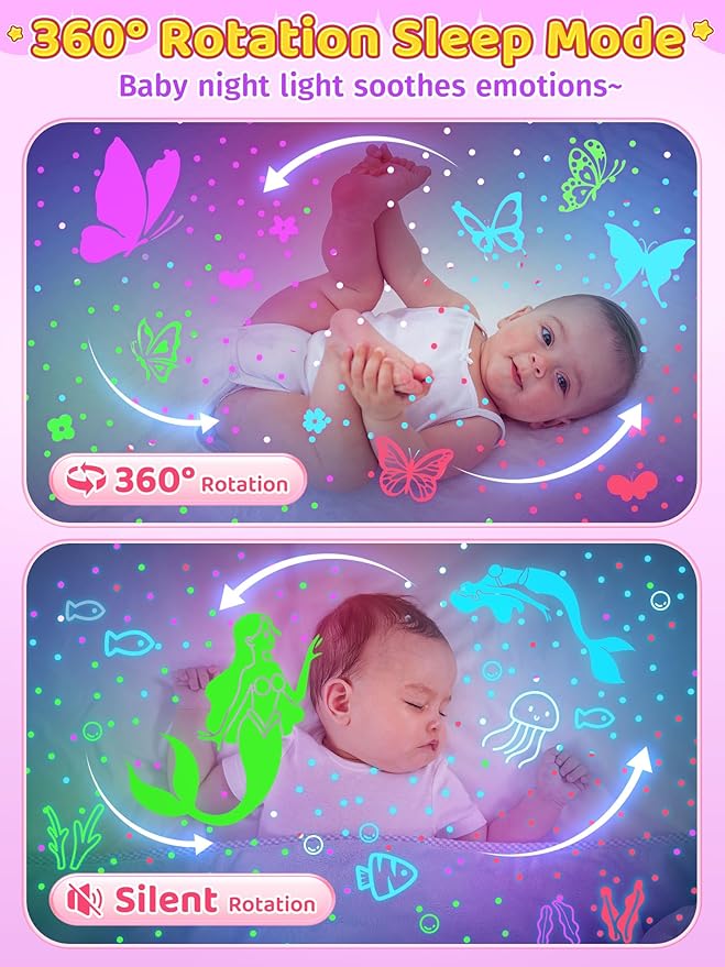 PIKOY Night Light for Kids 90 Modes+6 Films+Dimmer+Timer+Remote Kids Night Light Projector Rechargeable Built-in Battery+360° Silent Rotation Butterfly/Princess/Mermaid Room DecorGirl Toys/Gifts