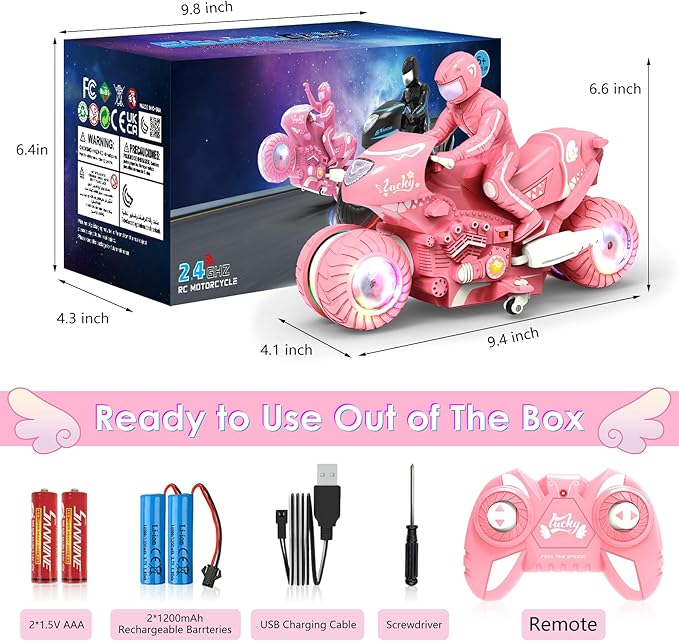 Remote Control Motorcycle for Girls with RGB Wheels Lights RC Motorbike Toy 360° Rotations 55 Min Play Stunt Motocross with Rider 2.4Ghz RC Dirt Bike Birthday Xmas for Girls 4-12 (Pink)