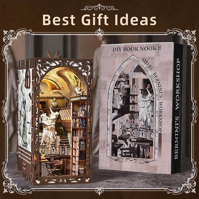 Book Nook Kit DIY Doll House Booknook Miniature Kit for Bookshelf Doll Houses for Adults Teen Halloween 3D Wooden Puzzle Bookends with Led Light and Dust Cover (Bernini's Workshop)