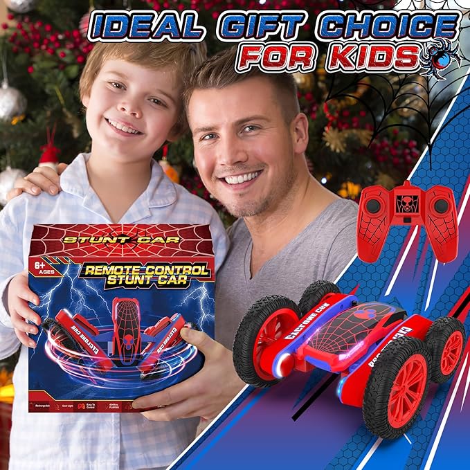 Spider Remote Control Car for Kids - 2.4Ghz Fast RC Stunt Cars 360° Rotating 4WD RC Crawler with Lights Rechargeable Car Toy for Boys Ages 6 7 8 9 10 Birthday Black&ampRed