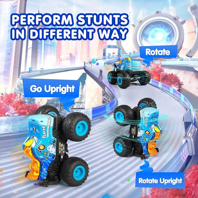 DYODYORC Remote Control Car 2.4Ghz All Terrain Monster Truck RC Truck with Music 3 Lighting Effects 360 Stunt Capable 2 Batteries Ready to Run Toy Gifts for Boys and Girls (Blue)