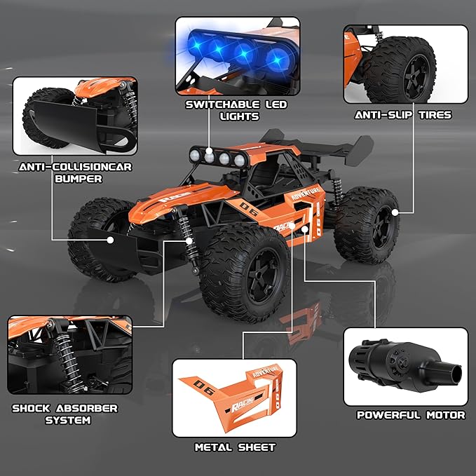 RC Monster Truck for Kids Ages 4–8 1:12 Remote Control Car with Alloy Shell 15.5 MPH (25KM/H) Fast Off Road Orange RC Car with 2 Speed Modes &amp LED Lights 2.4GHz Easy Control Toy Gift for Boys
