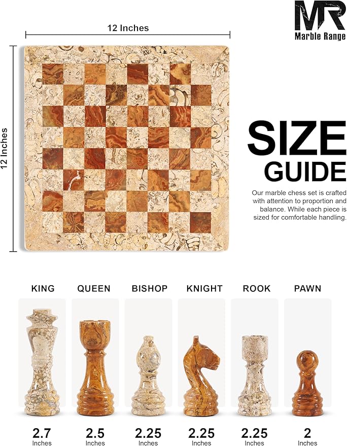 Marble Chess Set 12 Inch Handmade Coral &amp Dark Brown Board Game with Storage Box Classic Travel Chess Set for Adults with Pieces &amp 2 Extra Queens Elegant Home Décor