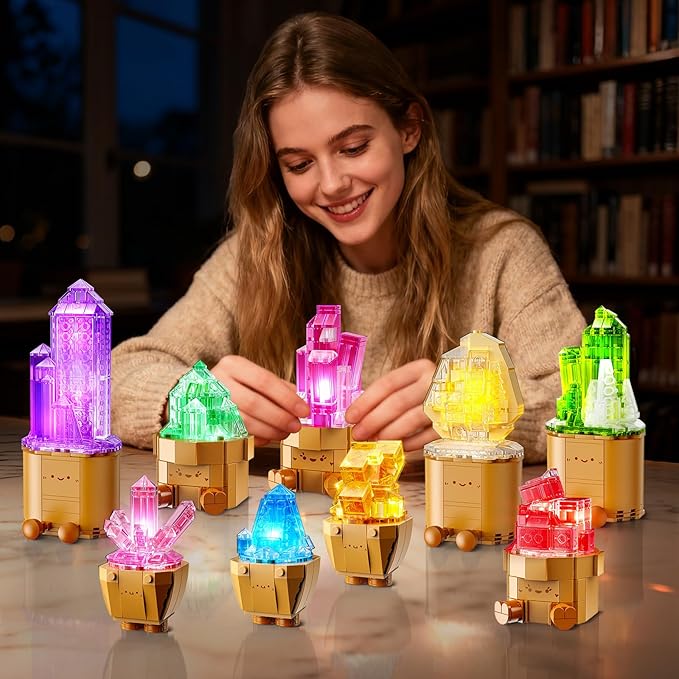9 Pack Easter Party Favor Mineral Mini Building Set with LED Light 1170PCS Crystals Flower Bonsai Block Toy for Goodie Bag Fillers Classroom Prizes Birthday Gift for Kids Adults Women