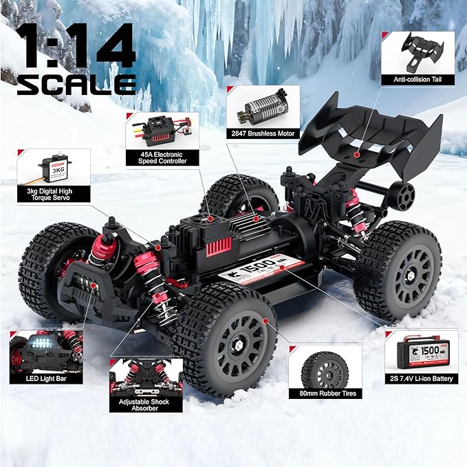 Hosim Brushless RC Buggy for Adults and Kids 60KM/H 1/14 Electric High Speed All Terrain Remote Control Car Hobby RC Trucks 4x4 Off Road RC Car Waterproof RC Vehicle for Snow/Sand/Beach Age 8+