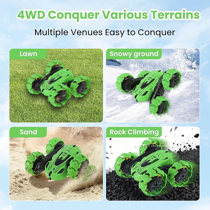 RC Stunt Car 360° Flips &amp Double-Sided Remote Control Truck with LED Lights 2.4GHz High Speed All Terrain Off-Road Toy Car Gift for Boys Girls Kids Ages 6-12 (Green)