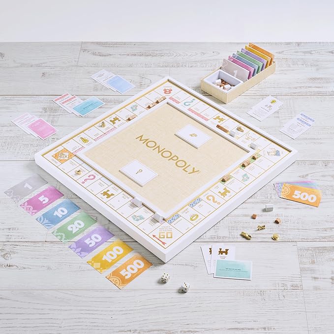 WS Game Company Monopoly Bianco Edition White Wood Board Gold-Tone Tokens Grasscloth-Textured Center Solid Wood Houses &amp Hotels Premium Accessories Board Games for 2-6 Players