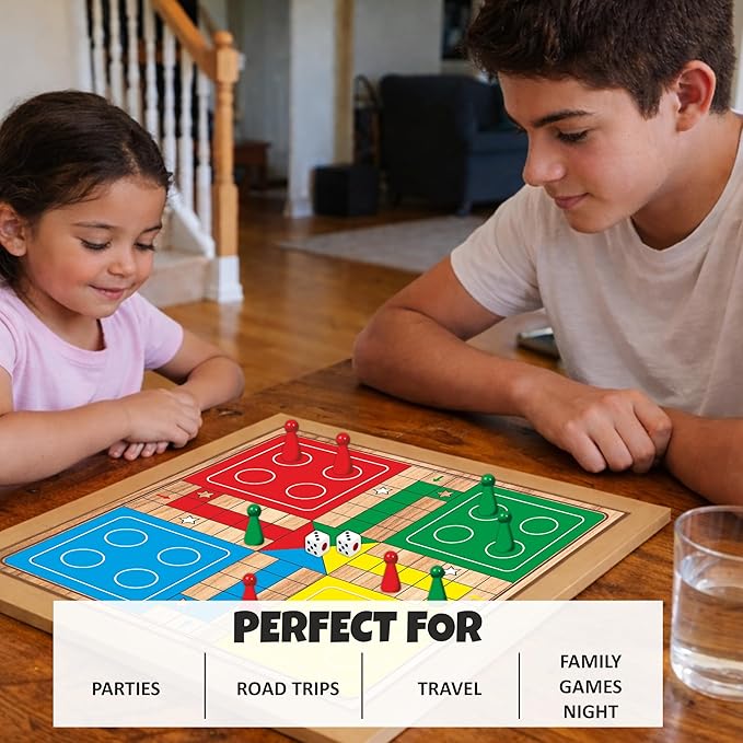 Ankit Toys &amp Games 5-in-1 Wooden Board Game Set Includes Ludo Snakes &amp Ladders Chess Checkers and Tic Tac Toe. Portable Fun for Kids Adults and Family Game Nights | 2 Reversible Boards