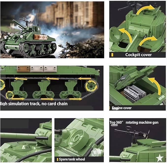 General Jim's WWII M4A1 Sherman Tank Brick Building Blocks Set 726 Pieces 1:29 Scale Rotating Turret Moving Tracks Compatible with Major Brands GJ-USSH
