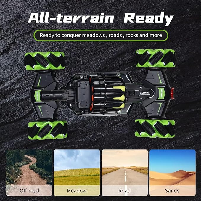 Rc Car Shoot SoftBulletFits for Nerf Remote Control Hand Gesture Stunt Drift Truck 360°Rotating Battle Tanks with Soft Bullets Water Bomb Spray Music Led Toy Gifts（Green）