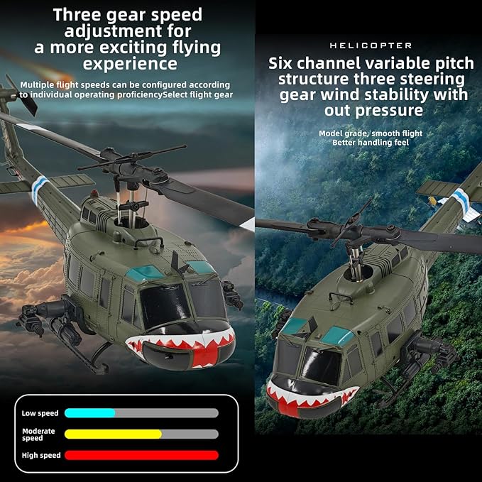 315MM UH-1 Remote Control Helicopter Aircraft for Adults Expert 6CH C032 Maintain Altitude Brushless Motor Optical Flow Positioning/Fly Upside Down 3D Rolling Hobby RC Heli (RTF 2Battery)