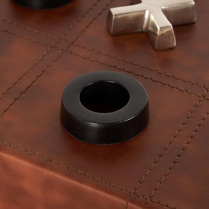 Deco 79 Faux Leather Tic Tac Toe Home Decor Game Set Decorative Board Game with Black and Silver Pieces Board Game 12 x 12 x 3 Brown